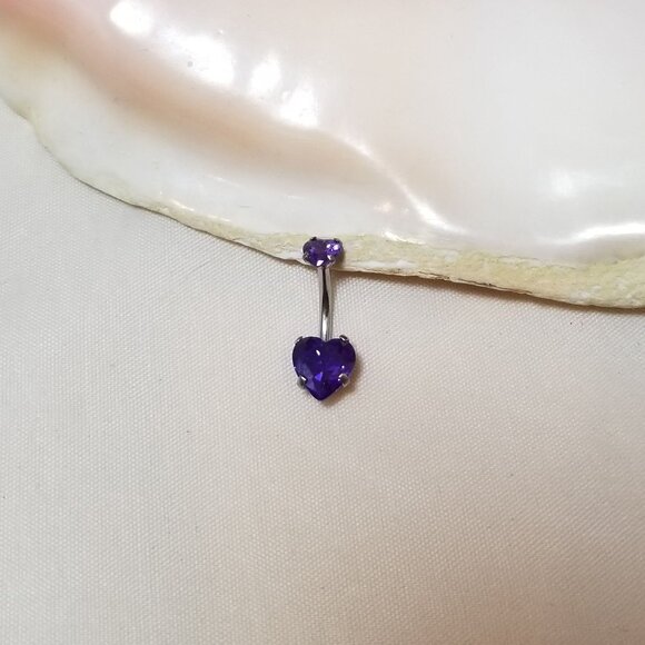14G Surgical Steel belly ring with purple heart CZ prong set piercing jewelry - Picture 2 of 3